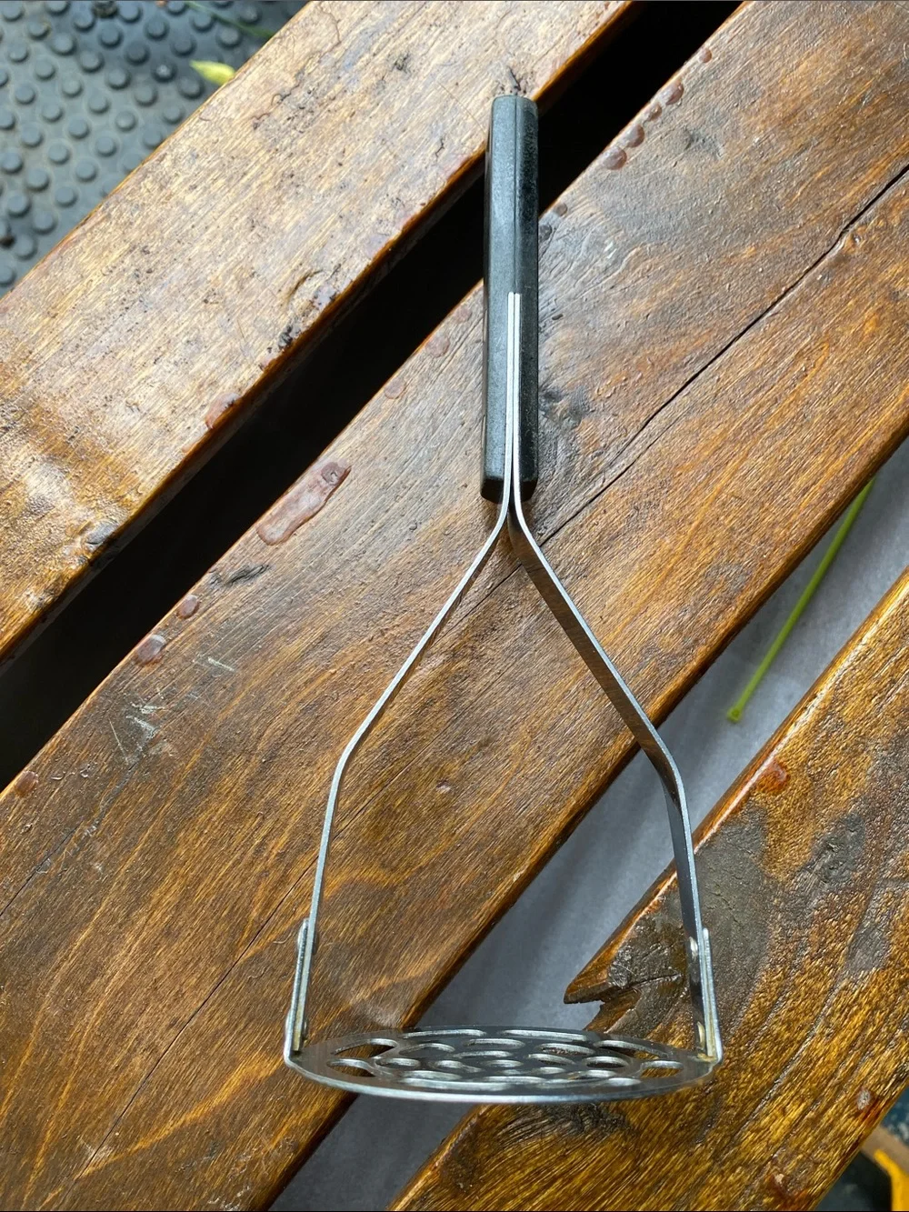 Vtg Household USA Potato Masher Stainless Steel Black Handle - Brass Riveted MCM